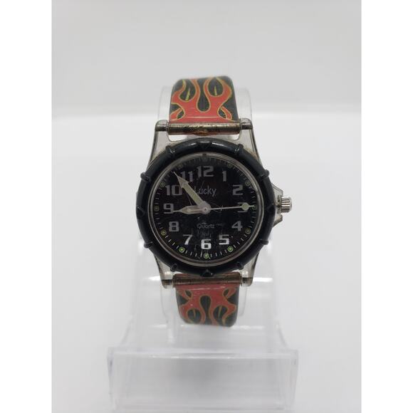 Lucky by Dingbats men's watch. Black face, Red flames on band. LK14063, #377